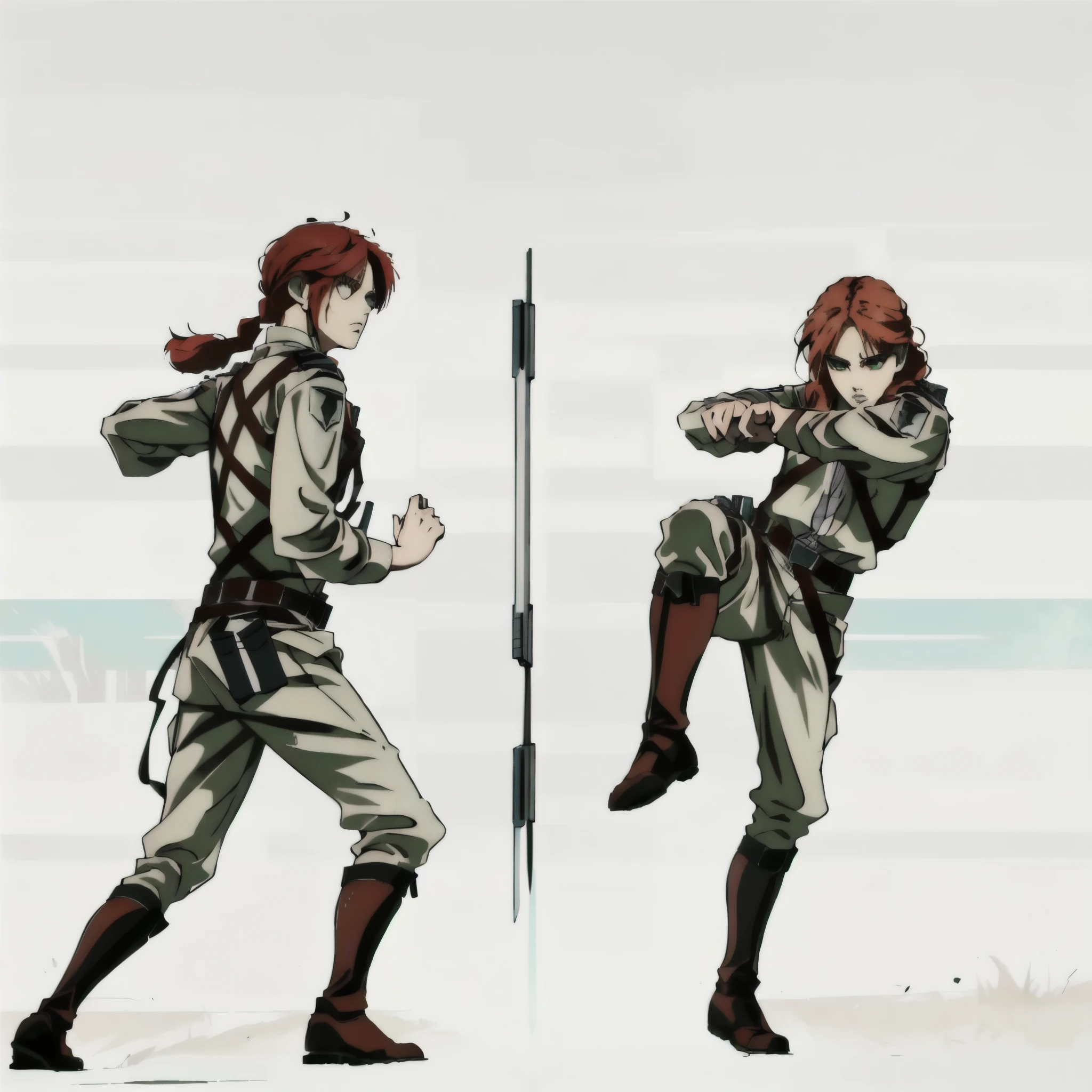 attack on titan anime style, snk, in attack on titan, from attack on titan, attack on titan covert art, in fighter poses, epic anime style, official art, white background, intense fight scene between Annie Leonhart from Attack on Titan, recognizable with her blonde hair, and an original character with auburn red hair styled in a braid. The original character has a fierce expression and is winding up to throw a punch, while Annie has raised her leg in a defensive stance, likely preparing to counter with a kick. Their fighting stances, combat-ready outfits resembling the Survey Corps uniforms, and the dynamic composition suggest they are in the midst of an intense physical confrontation or sparring match. The artwork skillfully captures the energy and motion of the characters engaged in close-quarters combat.