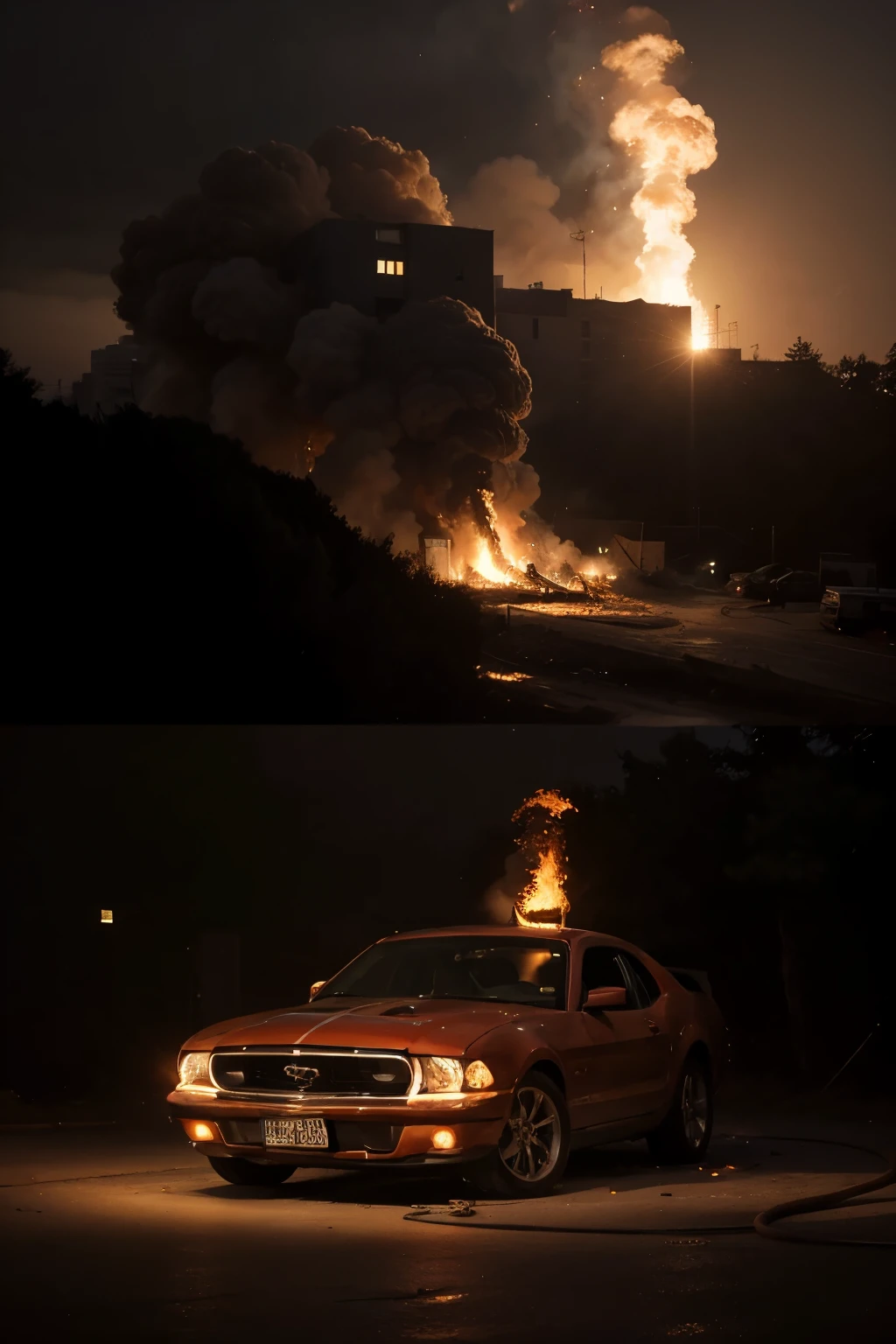 explosion artsyle, (masterpiece),best quality, (a car exploding at night, car on fire), explosion, ((cinematic, low angle)), bright, smoke,front view, street, night, fire, destruction, contrast, chaos, lights, intricate, explosion focus, fire trail,( full moon),smoke,old car, chevette, speed, velocity, buildings in the background, ((extreme high temperature)), (close up), high angle, dynamic, one car, alone, solo, depth, perfect angle, detailed asphalt, buildings on the side, beautiful sky, poles, (smoke mushroom), smoke on top of the image, orange, dark BEAK is a sad image, the explosion is epic, the image has strong shadows, a car in fire, the explosion is bright, the explosion is the light of the image,the explosion contast with the dark, BREAK perfect perspective, cinematic lighting, reflection light, backlighting, ray tracing, glowing light, 8k, super detail, ccurate, best quality, UHD, masterpiece, ccurate, high details, high quality, award winning, highres, 4K, zeekars,