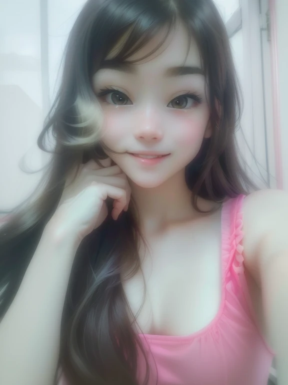 close-up image of a long-haired girl wearing a pink transparent tank top, cute pretty face girl, with cute - smooth face, sweet smile, kind face, with accurate face, straight selfie photo from an angle, taken with the best DSLR camera, face beautiful, not blurry, beautiful face