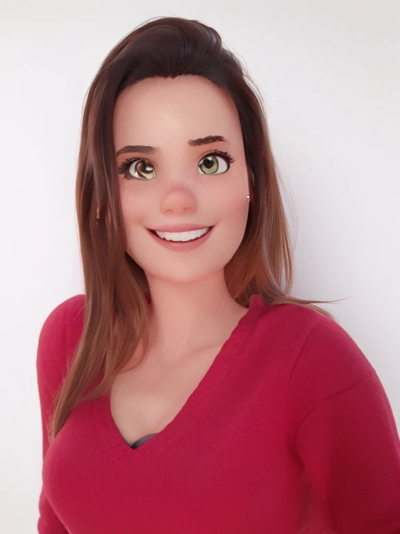 Mulher sorridente com olhos castanhos ao estilo Disney Pixar Cartoon, alta qualidade, elevada qualidade