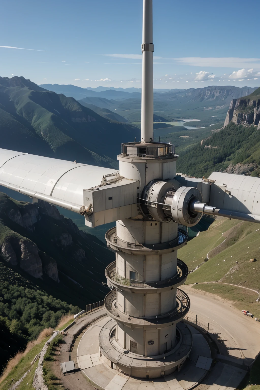 Wind turbine that only has an engine, rotor and blades without the tower structure located on the top of a mountain