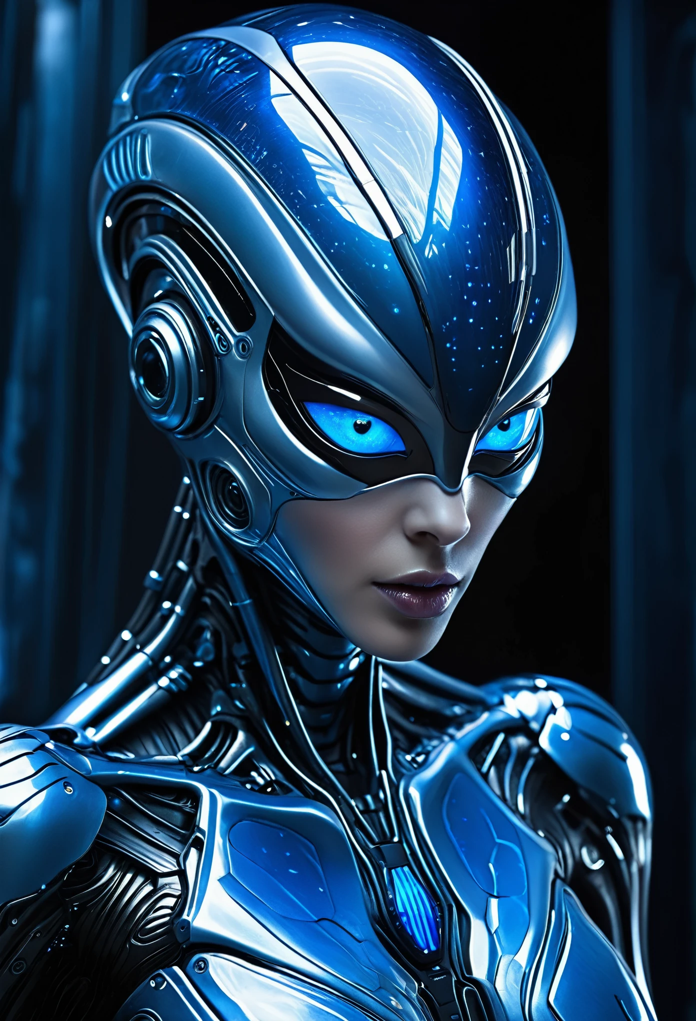 seraphina has a sexy and elegant female figure made of liquid metal, her body and head are a constant reflection of liquid metal, with silver nuances that adapt harmoniously to the environment. her eyes, intensely luminous, reveal the duality between her humanity and mechanical composition. a perfect balance between grace and futuristic in mortal kombat 11 style