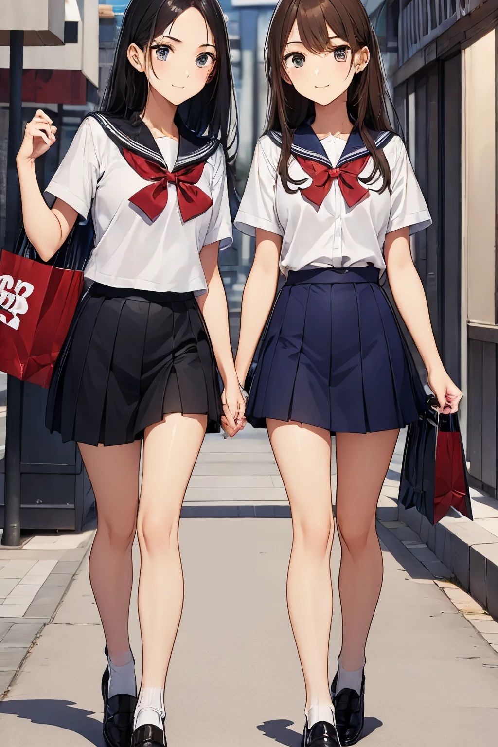 Shopping Street、Two high school girls kissing、seductive smile、Loafer leather shoes、Top of the head