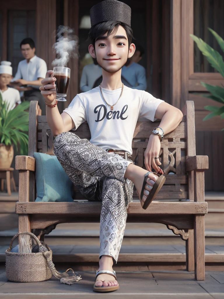 Realistic caricature of an Indonesian man wearing a black cap, handsome and clean face, smiling and looking content, wearing a white t-shirt with the name 'DOEL' embroidered on it, wearing patterned white batik trousers, leather sandals, sitting relaxed on a wooden bench while holding a glass of hot black coffee with white steam and a plate of traditional Indonesian snacks, wearing a bracelet from bahar roots, wearing a ring with a Persian turquoise gemstone on his ring finger, 3D character, Disney Pixar style, with a background of traditional Javanese joglo buildings and a traditional Javanese musical instrument.