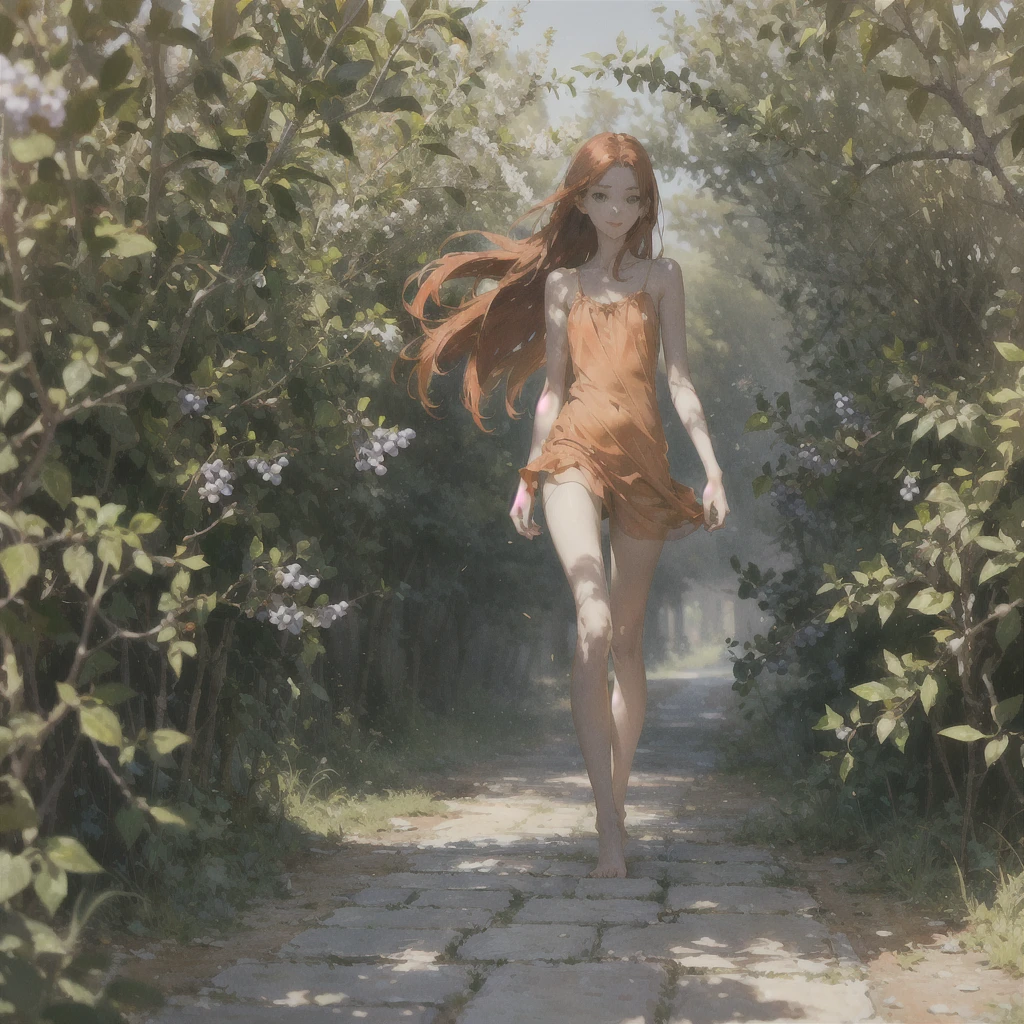 Beautiful slender thin exquisite (nude) girl with a perfect face of the southern type with red hair with tender breasts with tender nipples barefoot with bare hips ((with red pubic hairs)) ((in a short summer light light orange sundress on a naked body)) walks along a brick road in the middle of a flowering field, in a gentle watercolor style, Discreet shades, sfumato, haze, diffused dim light, delicate mint shades, imitation of film photography, (olive and grape groves, Brick Road), (High image quality, Maximum detail)