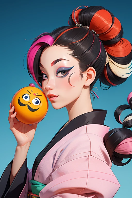 Une femme, 25 ans, mangas, cheveux longs, cheveux multicolores, details, kimono multicolore, Masque Kabuki