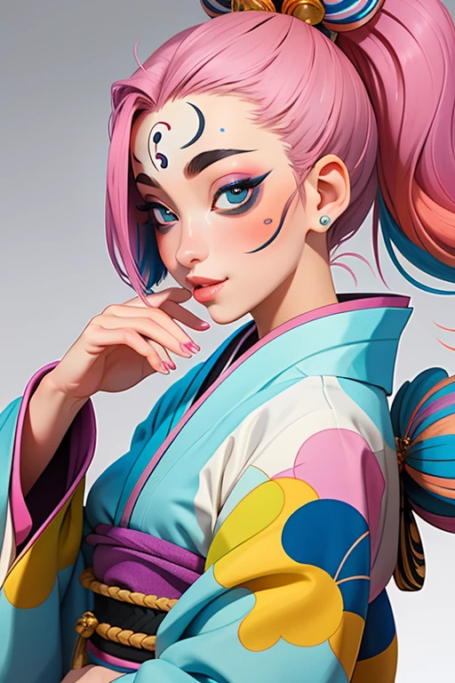 Une femme, 25 ans, mangas, cheveux longs, cheveux multicolores, details, kimono multicolore, Masque Kabuki