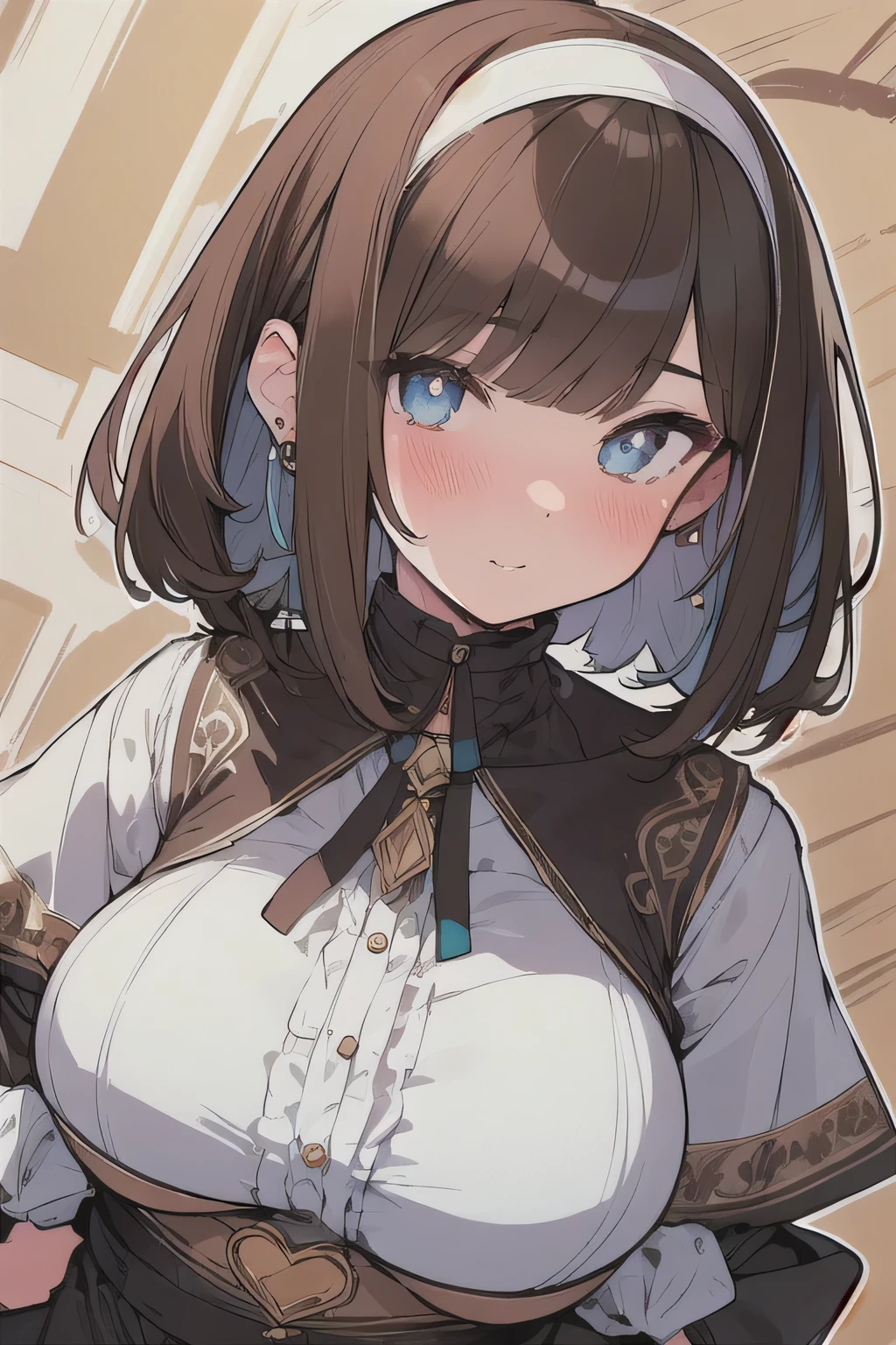 (best quality), (Super detailed), (Best Illustration), (woman), look at viewer, {(idol)}, (large breasts), {(detailed eyes), (heart-shaped pupils), blue eyes}, {brown hair, (sideburns), (bob cut:1.3), curly hair, hairs between eyes, colored inner hair}, blush, earring, hair band,