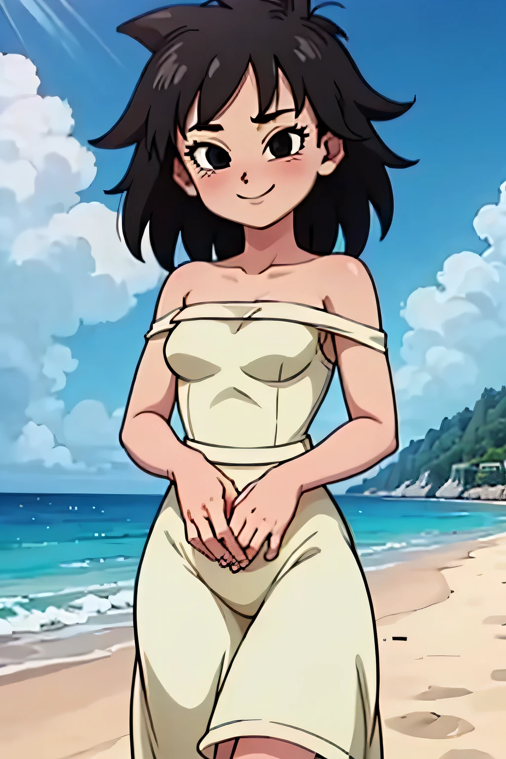 anime screencap, masterpiece, best quality, highres, outdoors, small breasts, gine, spiky black hair, 1 girl, Solo, Black Eyes, Good hands are down, Smile, Blushing, Bare Neck, Bare Shoulders, strapless, White Ruffle Off-the-Shoulder maxi dress. Cowboy shot. A landscape of the beach, sea, blue skies, sand beach. In the center. Walking on the beach with bare feets. Far from the bottom, looking at viewers