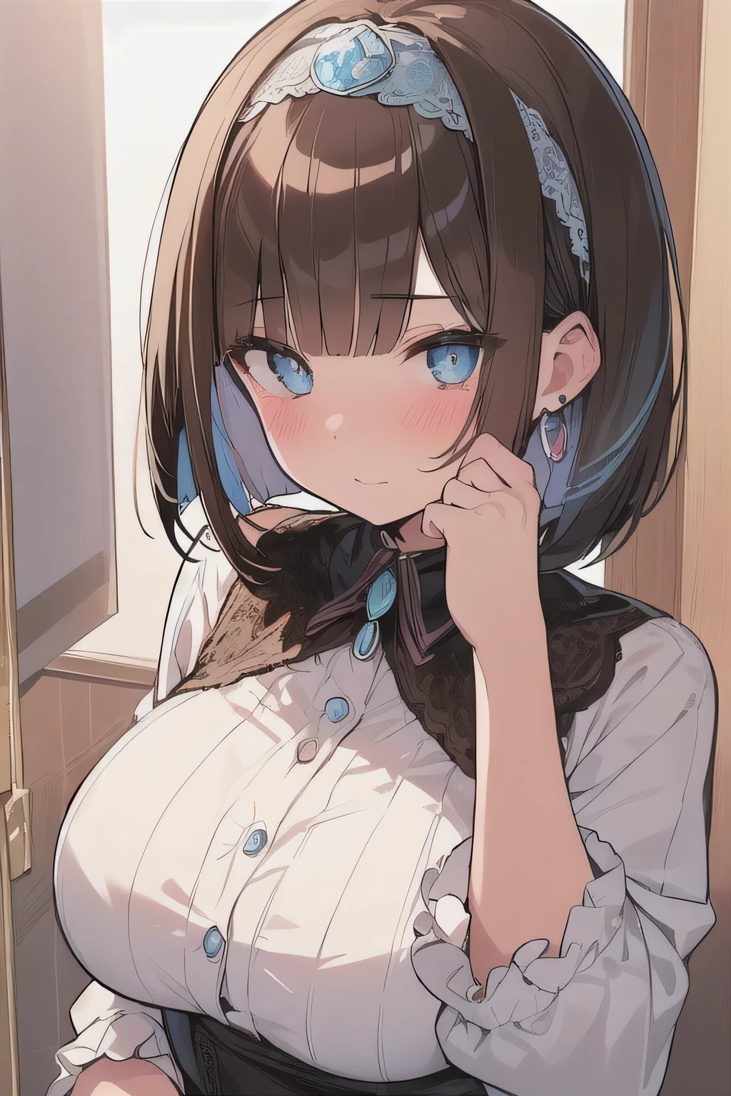 (best quality), (Super detailed), (Best Illustration), (woman), look at viewer, {(idol)}, (large breasts), {(detailed eyes), (heart-shaped pupils), blue eyes}, {brown hair, (sideburns), (bob cut:1.3), curly hair, hairs between eyes, colored inner hair}, blush, earring, hair band,