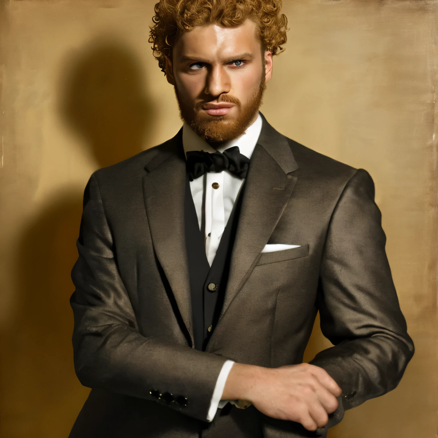 Chico,blond curly hair,hazel eyes,bearded,dressed in a stylish suit,attending a fancy party,intimidating gaze,[oil painting](medium),detailed facial features,ultra-fine painting,highres realism,professional,body language showing confidence and elegance,bright colors,studio lighting