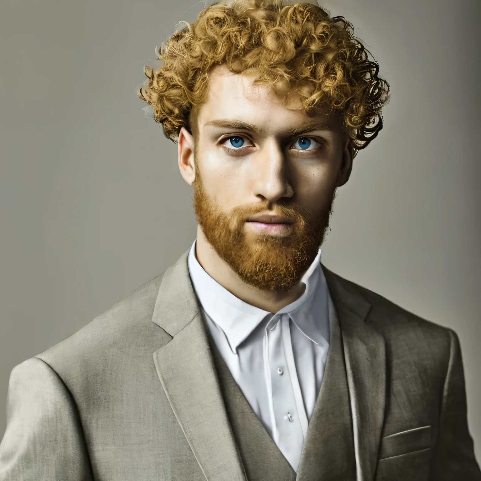 Chico,blond curly hair,hazel eyes,bearded,dressed in a stylish suit,attending a fancy party,intimidating gaze,[oil painting](medium),detailed facial features,ultra-fine painting,highres realism,professional,body language showing confidence and elegance,bright colors,studio lighting