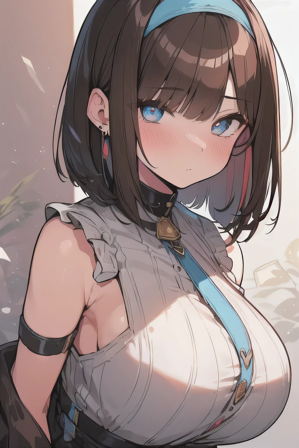 (best quality), (Super detailed), (Best Illustration), (woman), look at viewer, {(worrier)}, (large breasts), {(detailed eyes), (heart-shaped pupils), blue eyes}, {brown hair, (sideburns), (bob cut:1.3), curly hair, hairs between eyes, colored inner hair}, blush, earring, hair band,