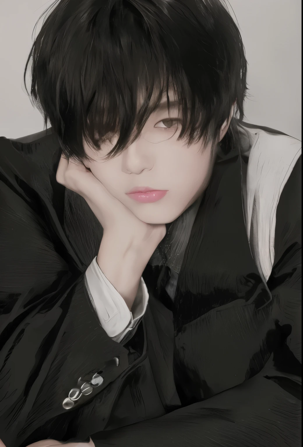 male in black japan blazer highschool, grey wall background, handsome boy\'s plump lips, round face shape, black hair, detailed textured, realistic
