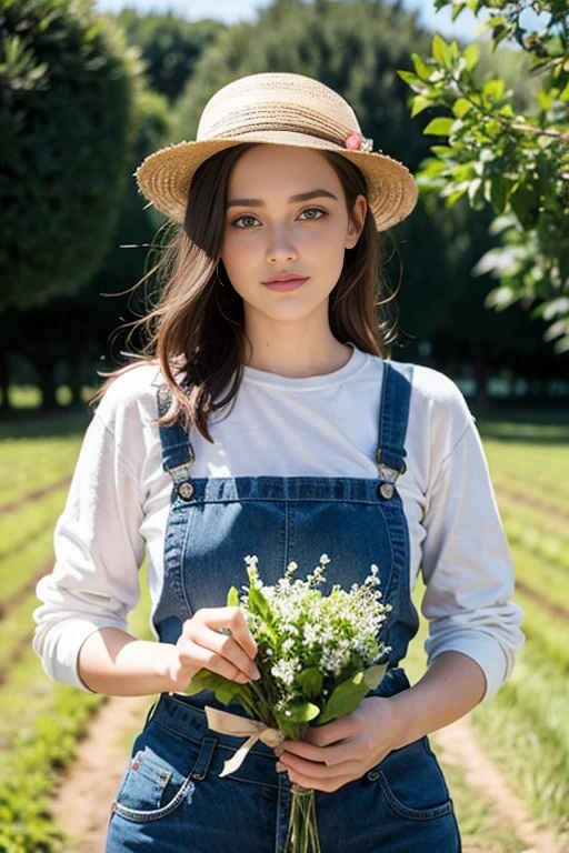 une femme de 25 ans, Farmer, ramassant le foin