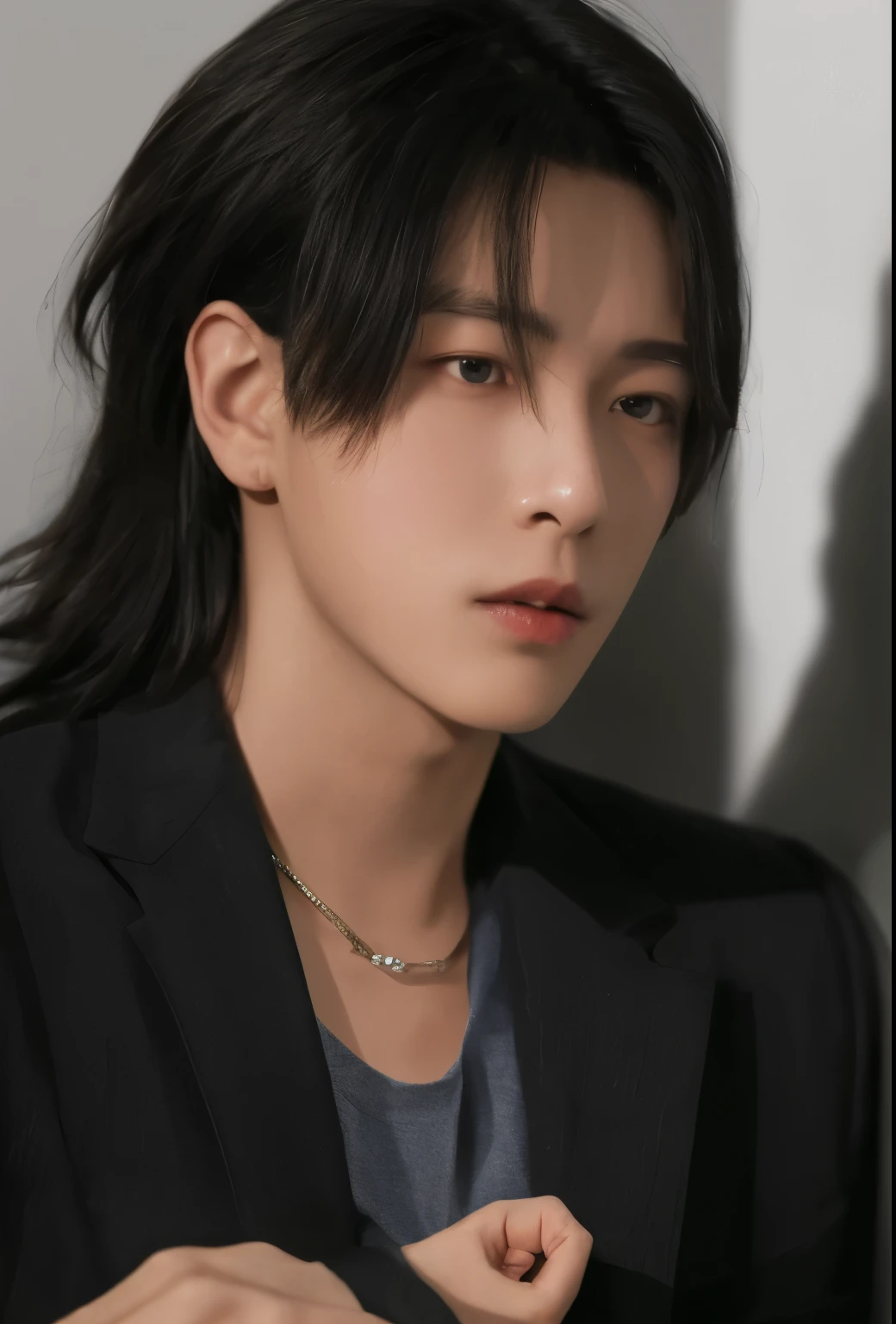 male in black japan blazer highschool, grey wall background, handsome boy\'s plump lips, round face shape, black hair, detailed textured, realistic