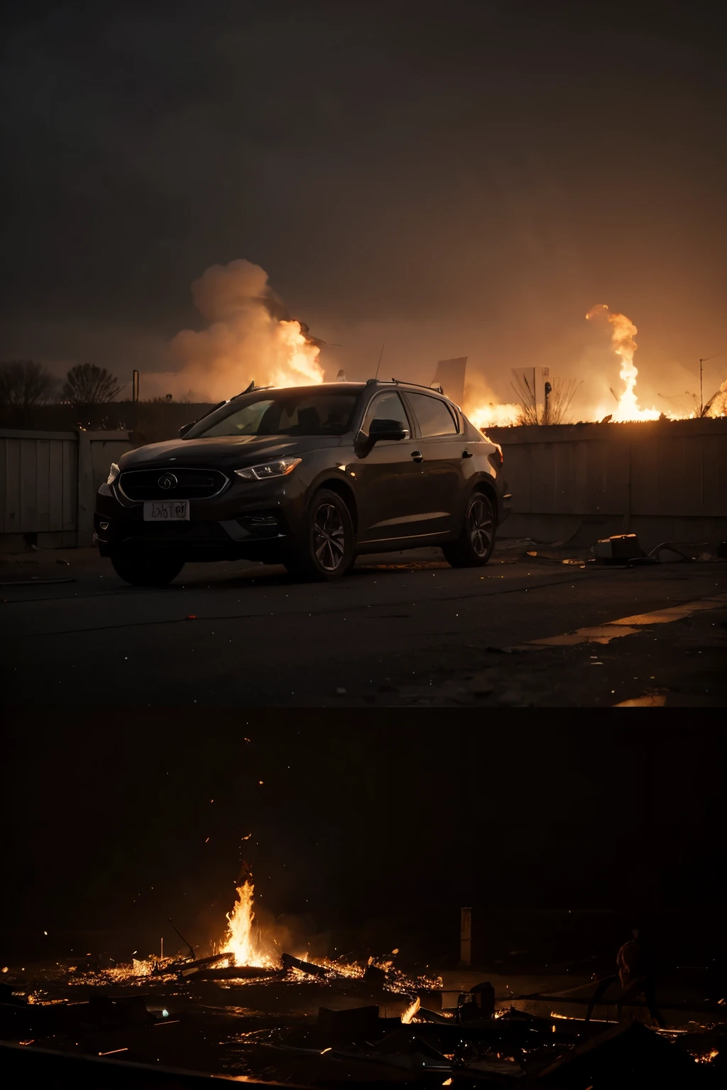 A tattered black car，Stop at the side of the main road，（There was an explosion，Picture of flames bursting into the sky：1.6），Movie special effects，The scene of the car accident，ultraclear