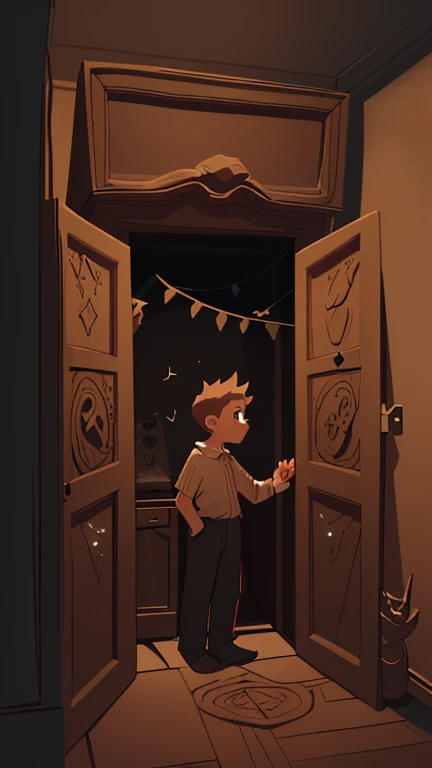 Ryan is standing at the entrance of a mysterious wardrobe. The wardrobe should appear old and slightly magical, with intricate carvings and a faint glow emanating from within.