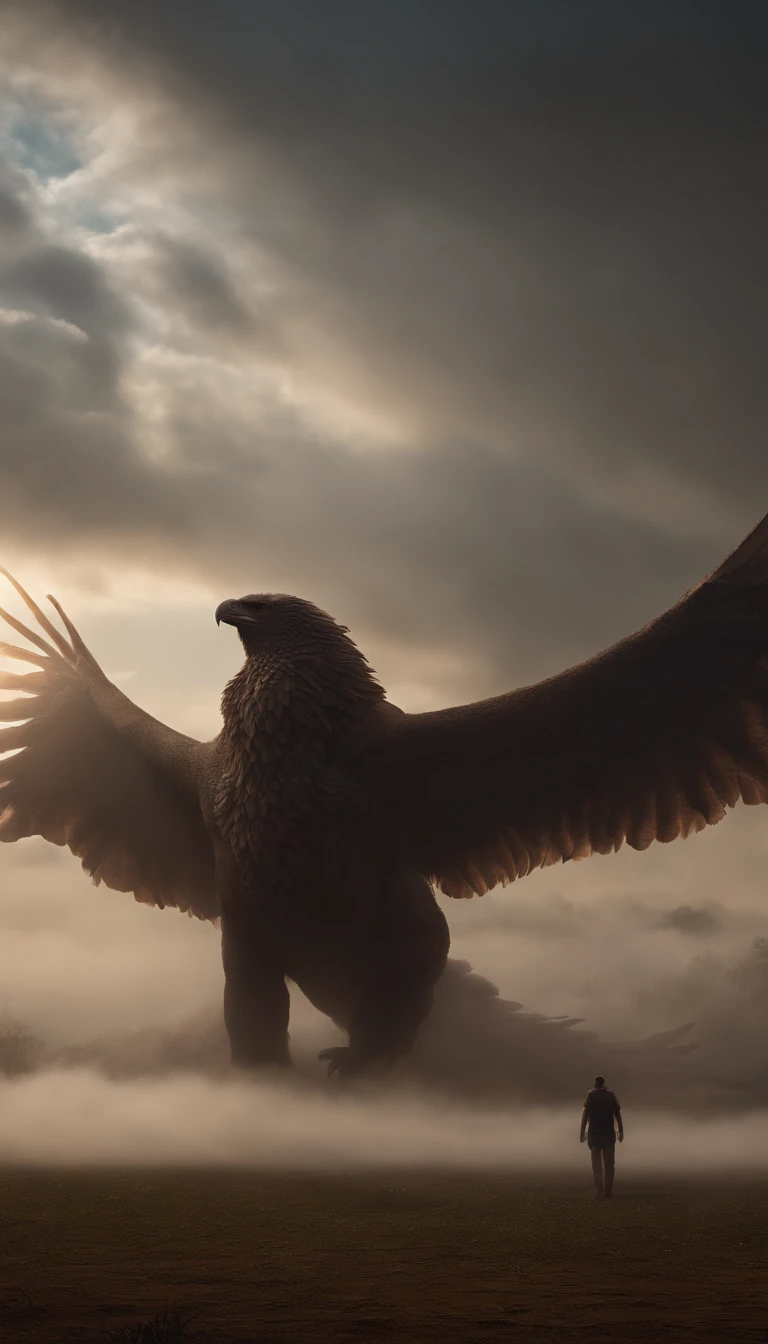 Gigantic creature with wings flying a plain in the distance, nevoeiro, neblina, nuvens escuras, sombrio ,supense, monstro, Sobrenatural, octan render, fotorrealista, hiper realismo, altamente detalhado, alta qualidade, intrinsecamente detalhado,Volumetric lighting, personagem completo, 4k, ,disco Rigido ,Full HD, 8k, RTX, high resolution, sombras detalhadas, incrivelmente detalhado, perfeito, Dramatic scale. No human. 