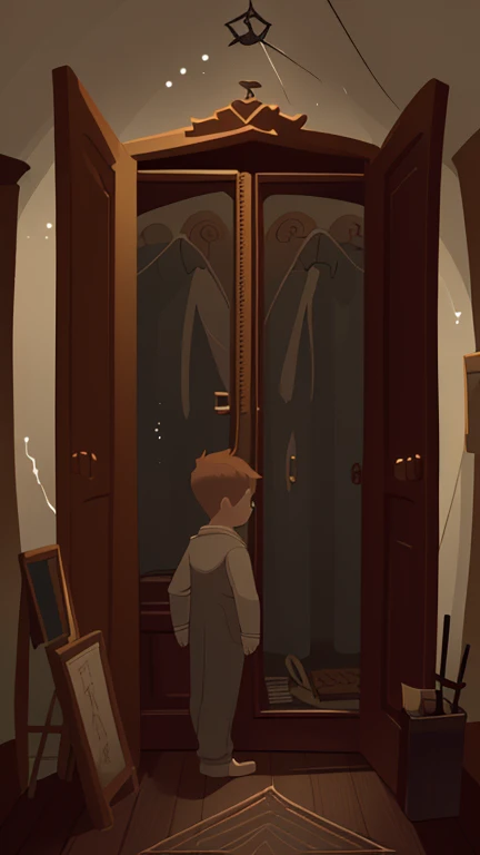 Ryan is standing at the entrance of a mysterious wardrobe. The wardrobe should appear old and slightly magical, with intricate carvings and a faint glow emanating from within.