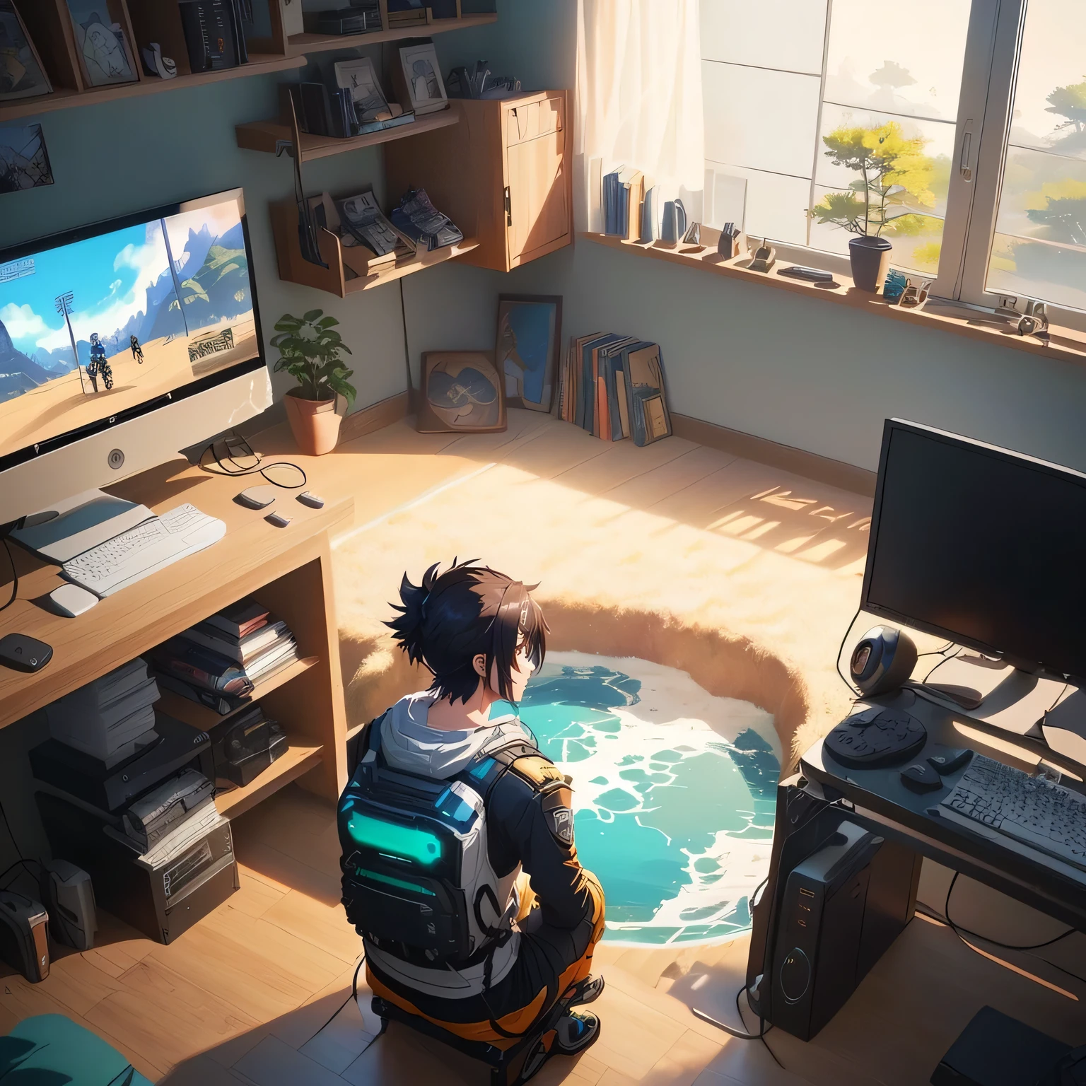 anime - imagem estilo de um sentado em uma cadeira jogando videogame, pessoal, high quality estilo de arte de anime, estilo de arte anime moe, estilo anime do ig studios, Estilo de videogame, anime digital illustration, fanart de videogame, menino, Jogo para celular, jogando jogos de computador, jogando video games, makoto shinkai ( apex legends ), estilo de arte de anime