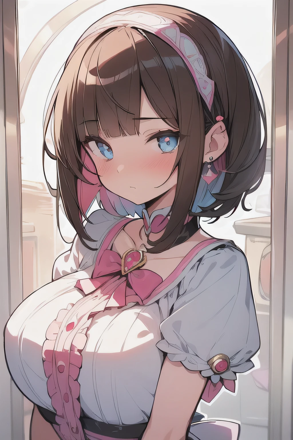 (best quality), (Super detailed), (Best Illustration), (1woman), look at viewer, upper body, (underboob), (Big Breasts:1.2), {brown hair, (bob cut:1.2), curly hair, hairs between eyes}, {(detailed eyes), heart-shaped pupils, blue eyes}, blush, sweat, steam, earrings, navel, white hairband,