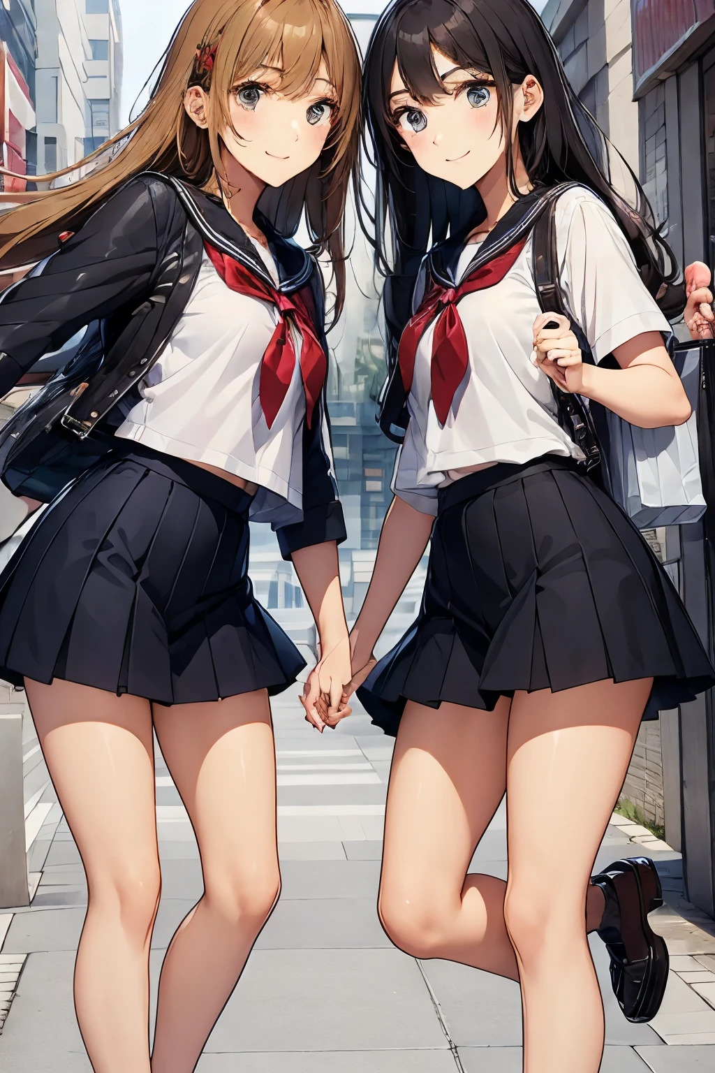 Shopping Street、Two high school girls kissing、seductive smile、Loafer leather shoes、Top of the head