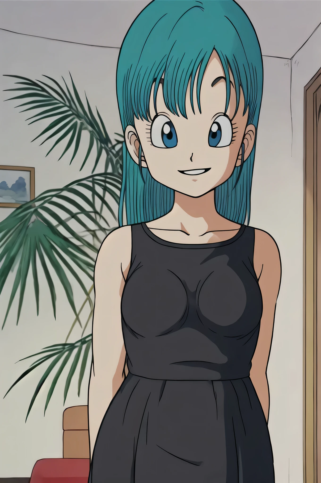 masterpiece, bulma, 1 girl solo, aqua hair, blue eyes, smile, small breast, looking at viewers, wearing a sleeveless black dress, collarbone, hotel room, indoors