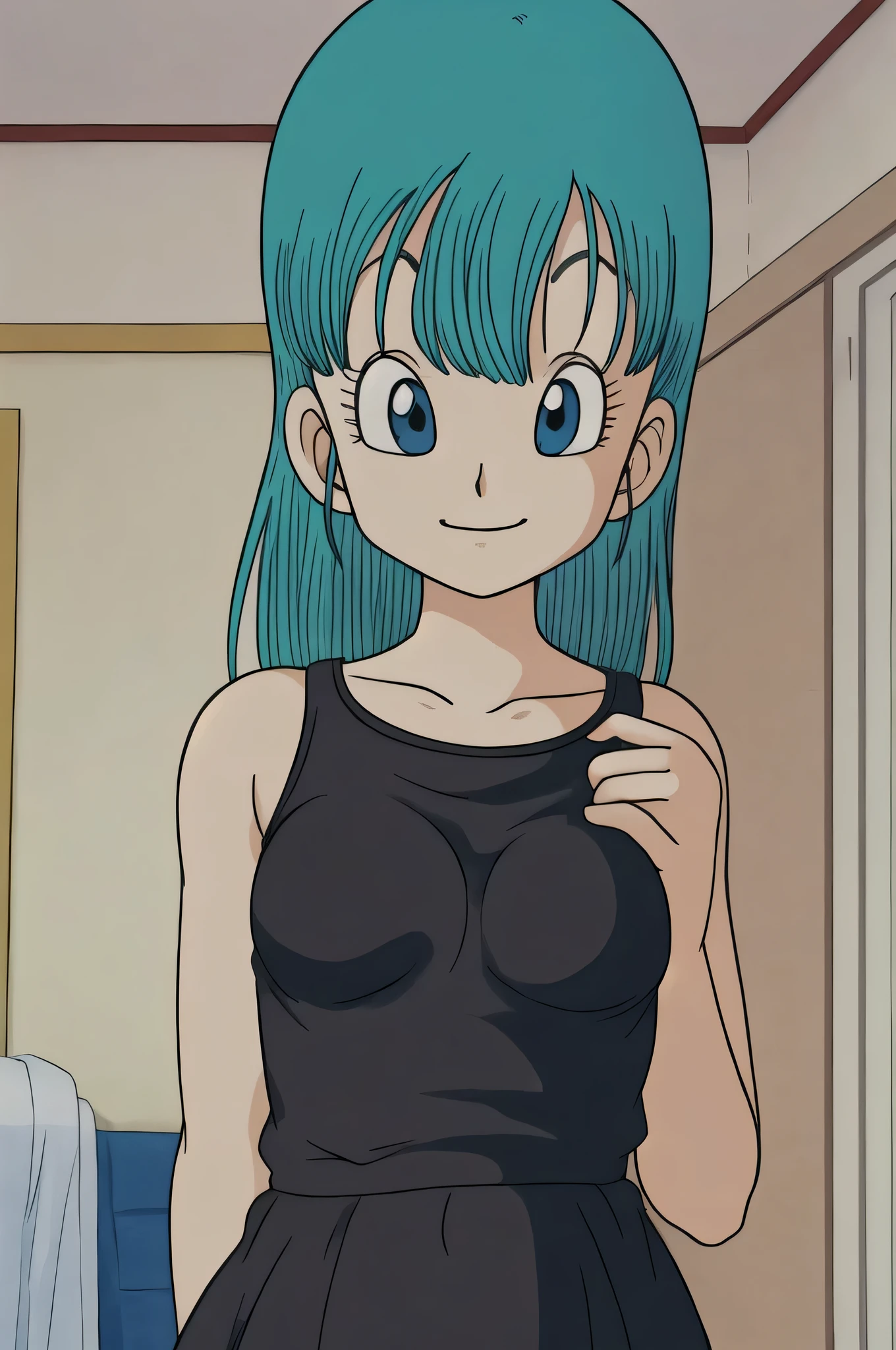 masterpiece, bulma, 1 girl solo, aqua hair, blue eyes, smile, small breast, looking at viewers, wearing a sleeveless black dress, collarbone, hotel room, indoors