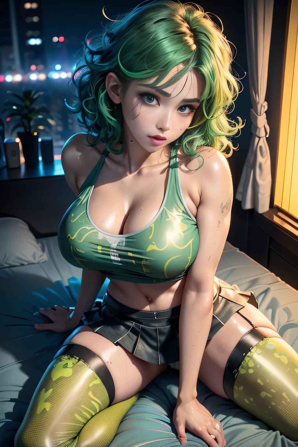sfw, ((lying on bed top view)), girl youtuber,(((1girl))),((extremely cute and beautiful green curly-haired girl)), (short breasts:1.4),(((green curly hair:1.35,very curly hair,colored inner hair,ear breathing,short hair))),((green eyes:1.3,upturned eyes:1.3,perfect eyes,beautiful detailed eyes,rainbow glows ultra-detailed yellow green eyes:1.1,gradient eyes:1,finely detailed beautiful eyes:1,symmetrical eyes:1,big highlight on eyes:1.2)),((fat)),(((lustrous skin:1.5,bright skin: 1.5,skin tanned,shiny skin,very shiny skin,shiny body,plastic glitter skin,exaggerated shiny skin,illuminated skin,wet legs))),delicate detailed fingers,detailed body,human hands,(detailed face), cute,slutty,seductive,erotic,(((nsfw))), zettai ryouiki,revealing clothing,show skin,((rave mini-skirt,visible thong straps,white loose tank top with an popart print)),((wet clothes,detailed outfit,detailed clothes)), (dynamic pose:1.0),embarrassed,(centered,scale to fit dimensions,Rule of thirds), cyberpunk city by the ocean at night, with bright neon signs and dark stormy clouds and puddles, High resolution, sharp focus, (ultra detailed, extremely detailed), (photorealistic artwork:1.37), 8k wallpaper,((synthwave background theme)),((vibrant colors)),(intricate),masterpiece,(best quality), wearing bra,((skinny waist)), young asian girl, ((big breasted)),
