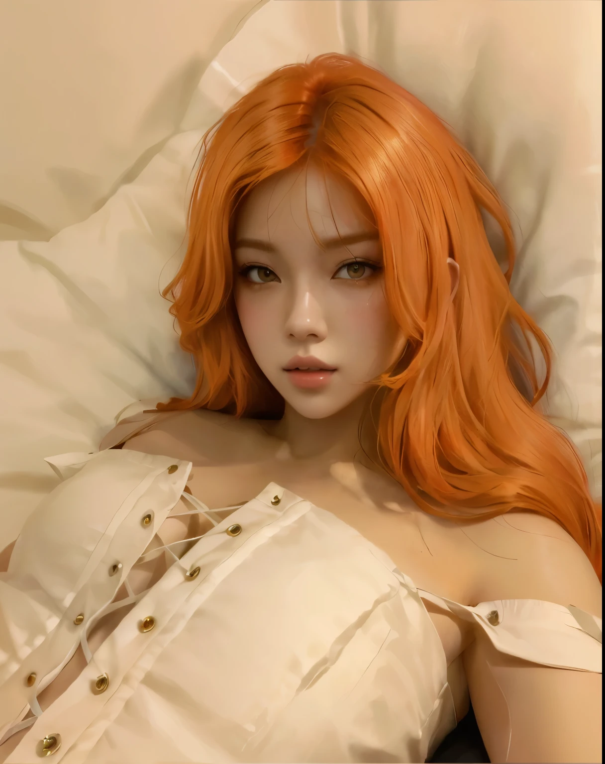 there is a woman with orange hair laying in bed, artwork in the style of guweiz, portrait of jossi of blackpink, guweiz, ig model | artgerm, in the art style of bowater, made with anime painter studio, realistic artstyle, painted in anime painter studio, #1 digital painting of all time