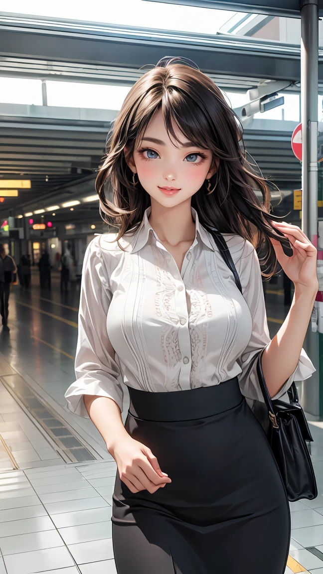 (best quality,4k,8k,highres,masterpiece:1.2),ultra-detailed,(realistic,photorealistic,photo-realistic:1.37), perfect body, nice breasts, colorful blouse, skirt, train station, natural indoor light