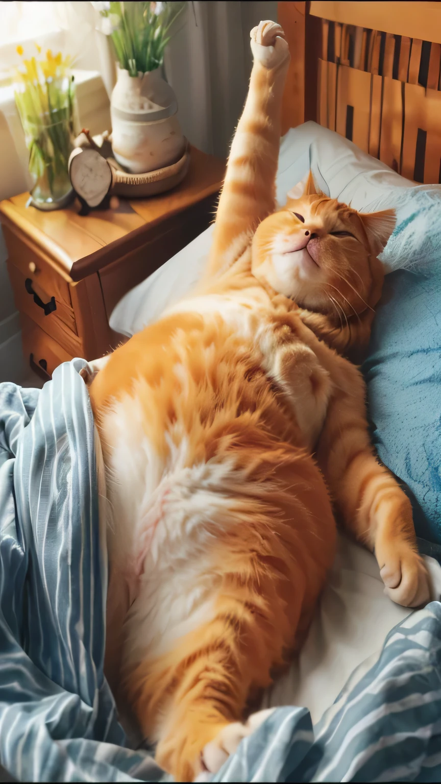 A cat is lying on a bed with a pillow, Chonker cat, He is very relaxed, Fat Cat, Sleeping cat, Orange Cat, Orange Cat in mid action, Happy cat, The cat is orange, awesome cat, wake up, Orange Cat, garfield the cat, Sick cat lying in the bedroom, Fat Cat superhero, Funny cat