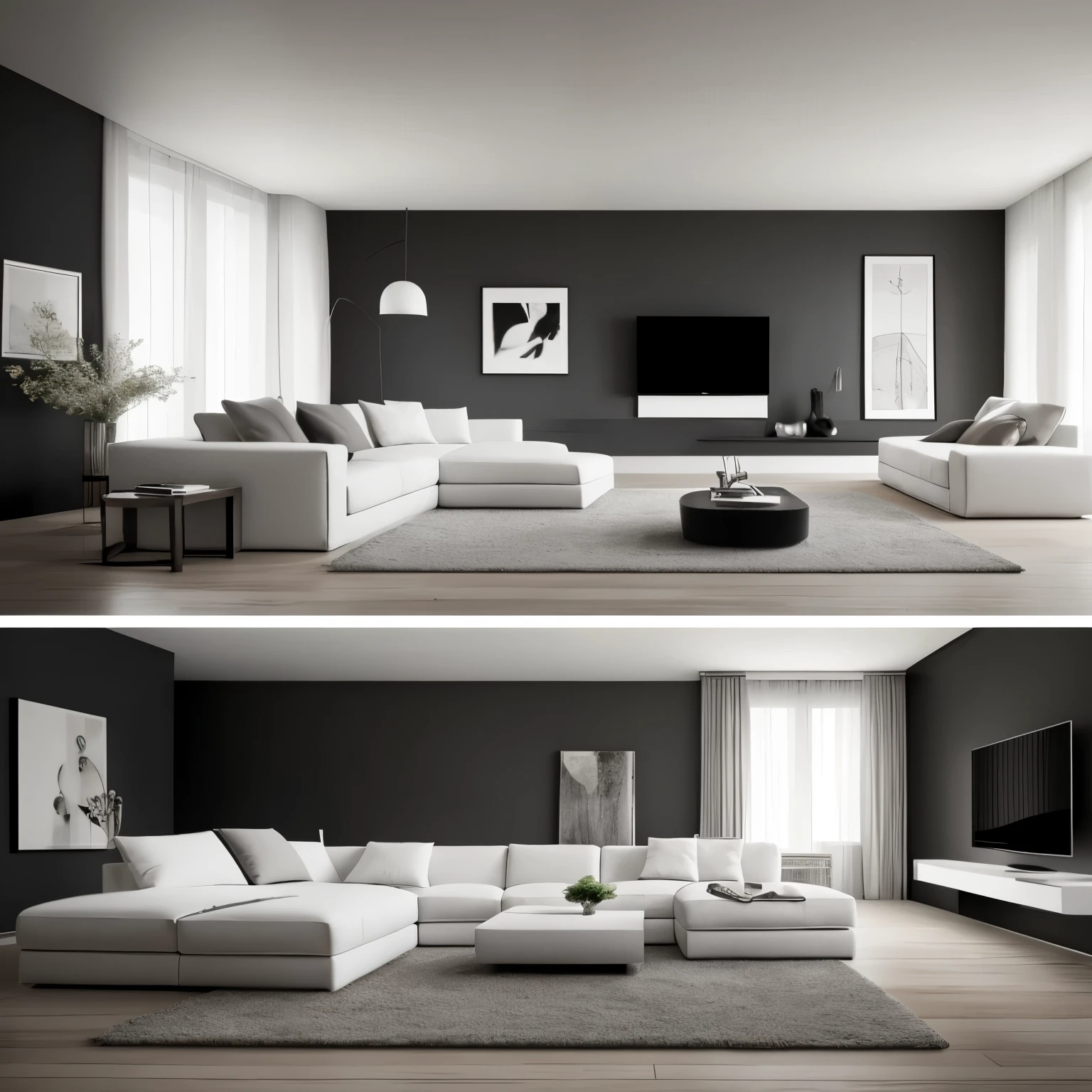 Living room minimalist, dark gray walls, white sofa, not artwork on walls,