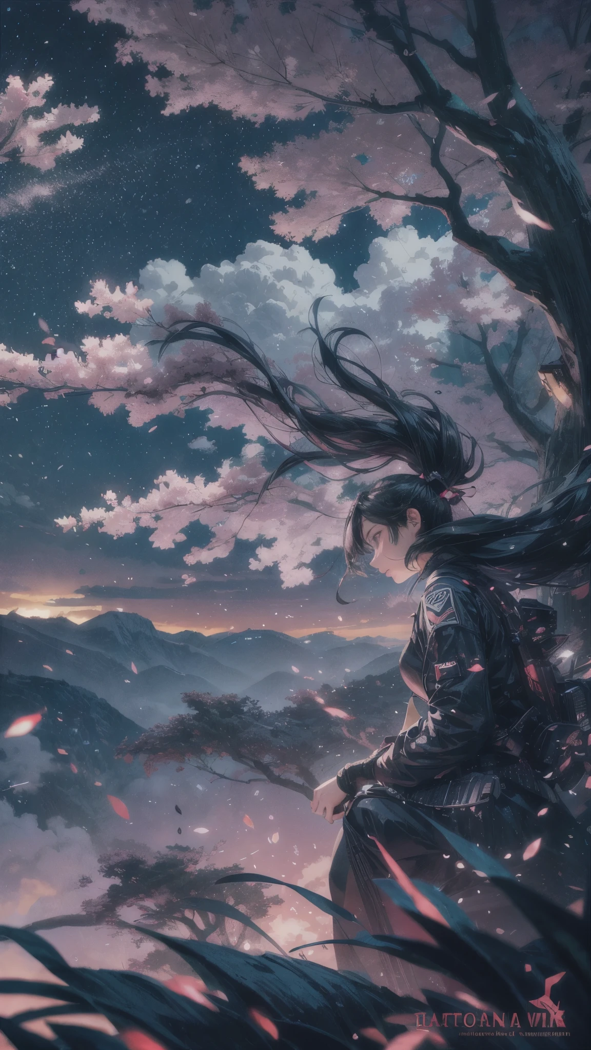octane, Sky, landscape, night, 1 Girl, Solitary, outdoor, architecture, cloud, sitting, Sakura Tree, Wind, cherry blossoms flying, Long hair, City, Cityscape, sparkle, best quality, 8k, masterpiece, award winning