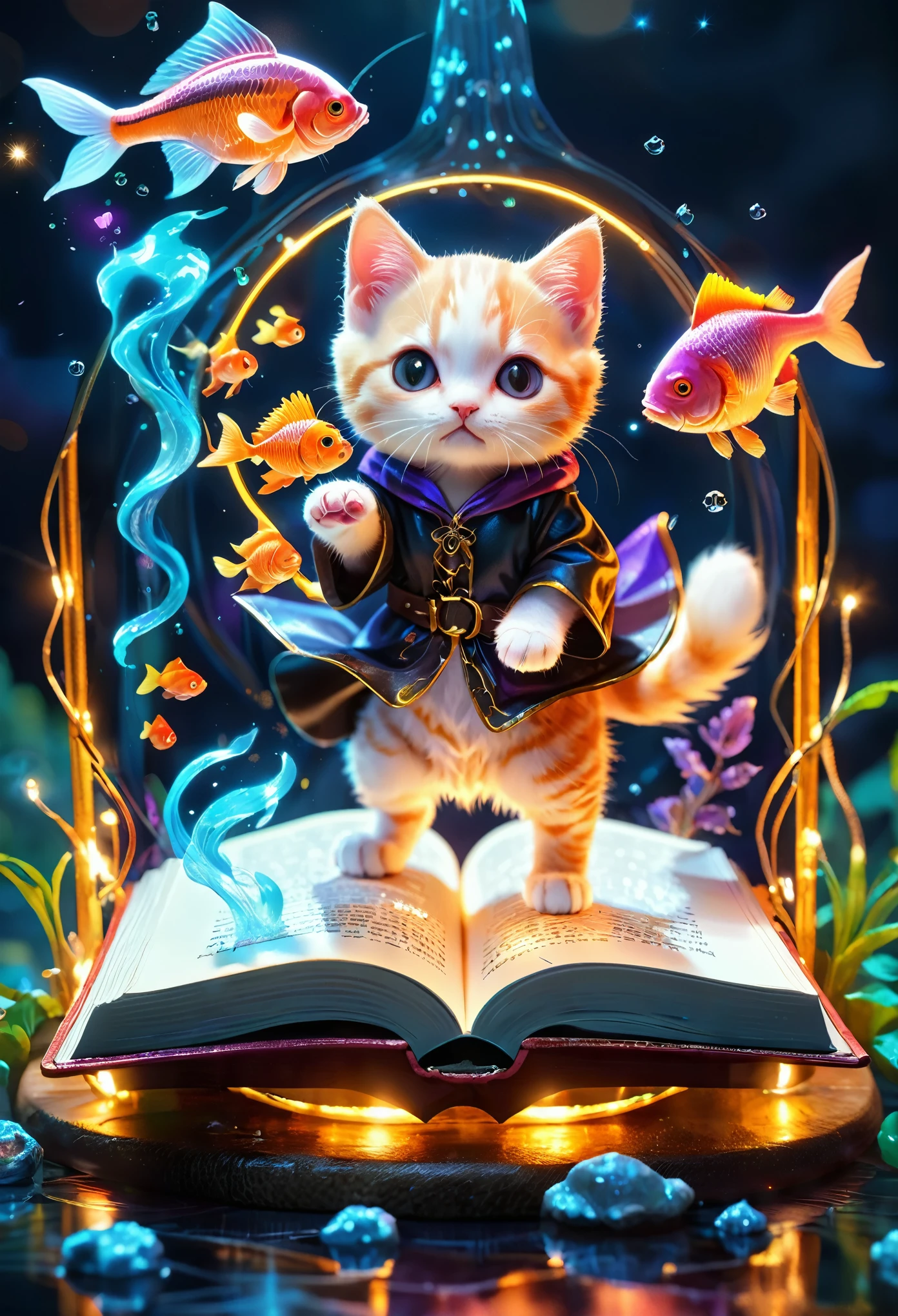 excellent quality, masterpiece, best quality, Super detailed, Super detailed, Ultra HD, Perfect anatomical structure, Magical World,
(Kitten and fish:1.4), Fish in the air, Spell Magic to get fresh fish as food,( Fish jumping out of the magic book:1.3), energy flow,
The whole body of a cute kitten, Kawaii, Wearing witch robes, Witch hat, Holding a magic book, Magic book in a hand, Spell Magic,
Extremely detailed,
Glowing neon lights, luminescent,