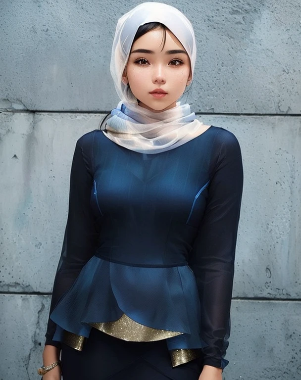 close up of a girl wearing a blue top and transparent scarf, wearing a transparent elegant dress, symmetrical face, wearing transparent beautiful clothes, instagram picture, layered clothes