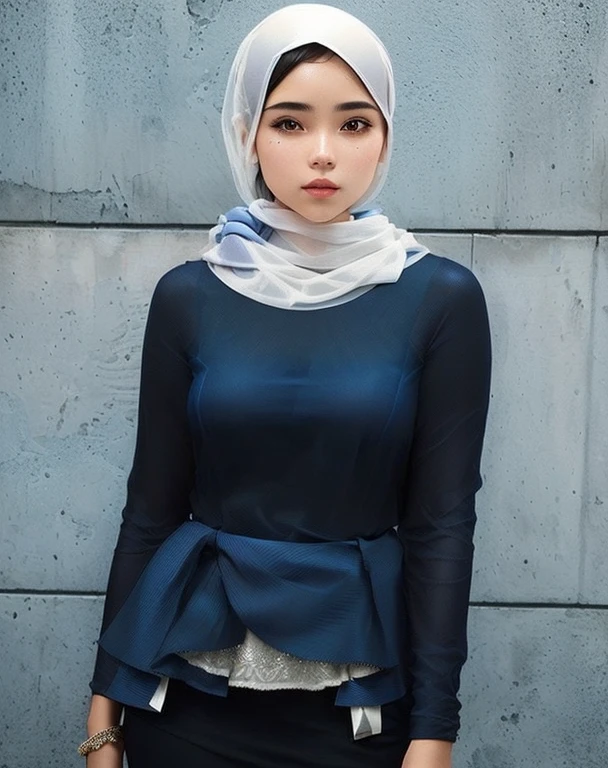 close up of a girl wearing a blue top and transparent scarf, wearing a transparent elegant dress, symmetrical face, wearing transparent beautiful clothes, instagram picture, layered clothes