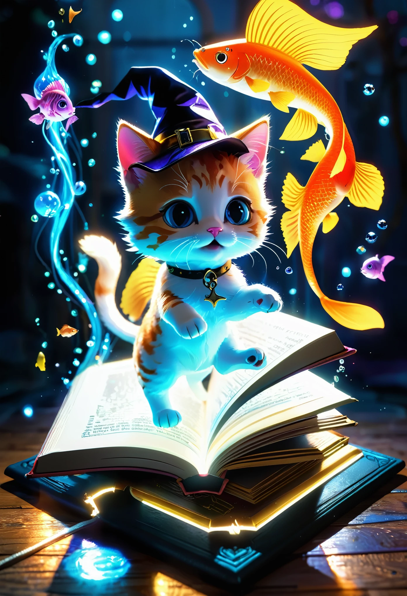 excellent quality, masterpiece, best quality, Super detailed, Super detailed, Ultra HD, Perfect anatomical structure, Magical World,
(Kitten and fish:1.4), Fish in the air, Spell Magic to get fresh fish as food,( Fish jumping out of the magic book:1.3), energy flow,
The whole body of a cute kitten, Kawaii, Wearing witch robes, Witch hat, Holding a magic book, Magic book in a hand, Spell Magic,
Extremely detailed,
Glowing neon lights, luminescent,