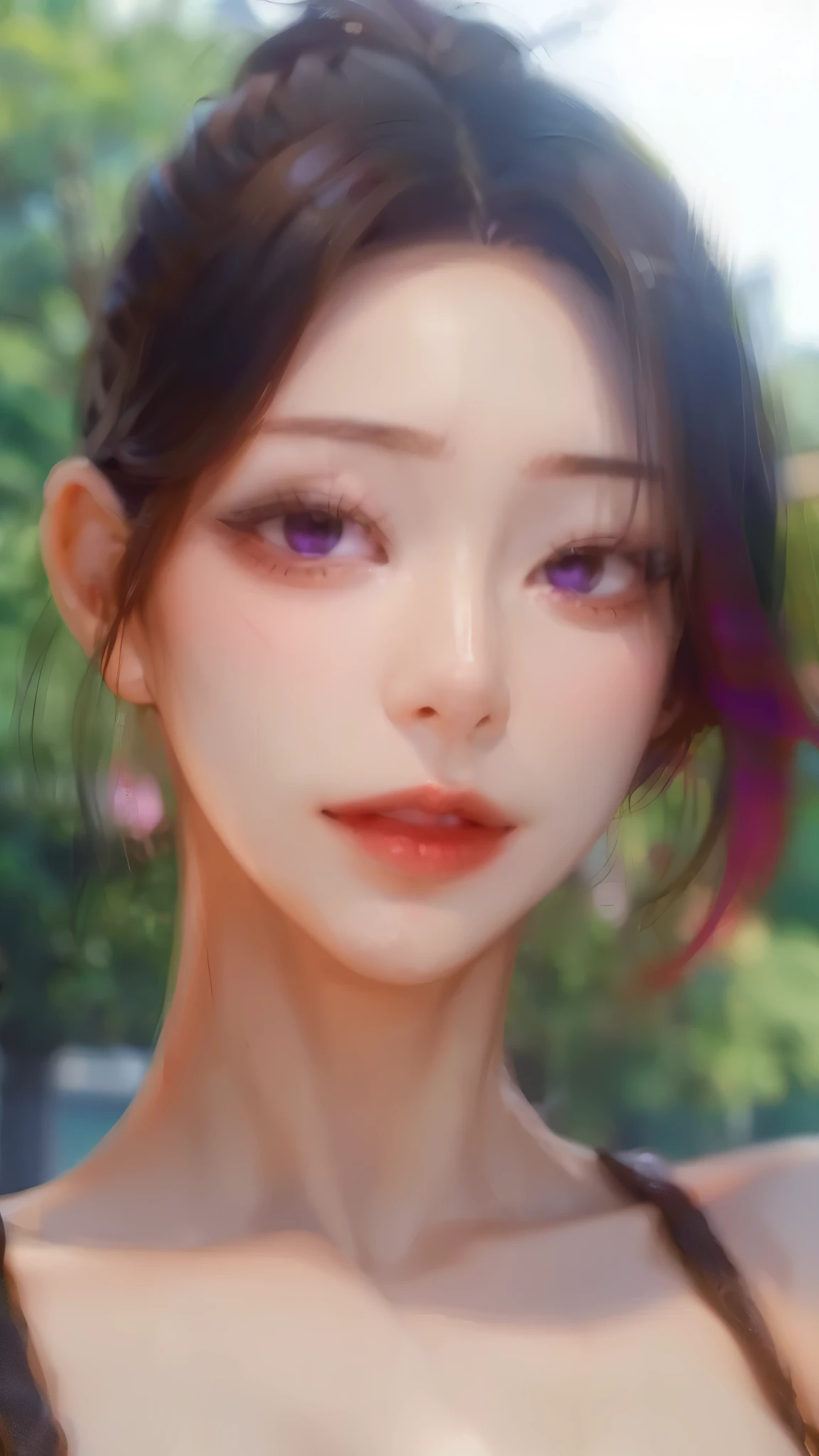 (((masterpiece))), highest quality, figure, 4k wallpaper, Cinematic Light, Absurd, One Girl,Short Hair, Purple crystal hair, Shiny Hair, Bloom Hair, Look ahead、Detailed face、Detailed Background、Background blur、Natural Film、Detailed people、smile、Cowboy Shot、Daytime Park