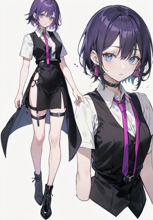 ((Perfect Face)),Purple Hair,Shortcuts,Adult female,bartender,((Body Harness)),Black vest,((Shirt with rolled up sleeves)),tie,((slit)),High heels,((Simple Background)),smile,((full body)),((Full Body)),upright,,Both arms are down,