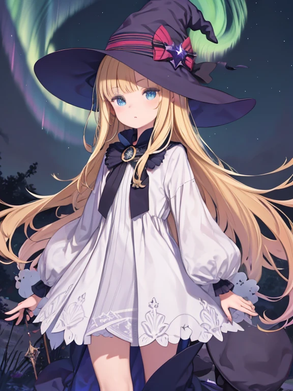 ((masterpiece:1.2, highest quality)), One girl, alone, (Witch Hat), Blonde, Long Hair, dress, Aurora, night, star (null), Mitt, null, White dress, night days