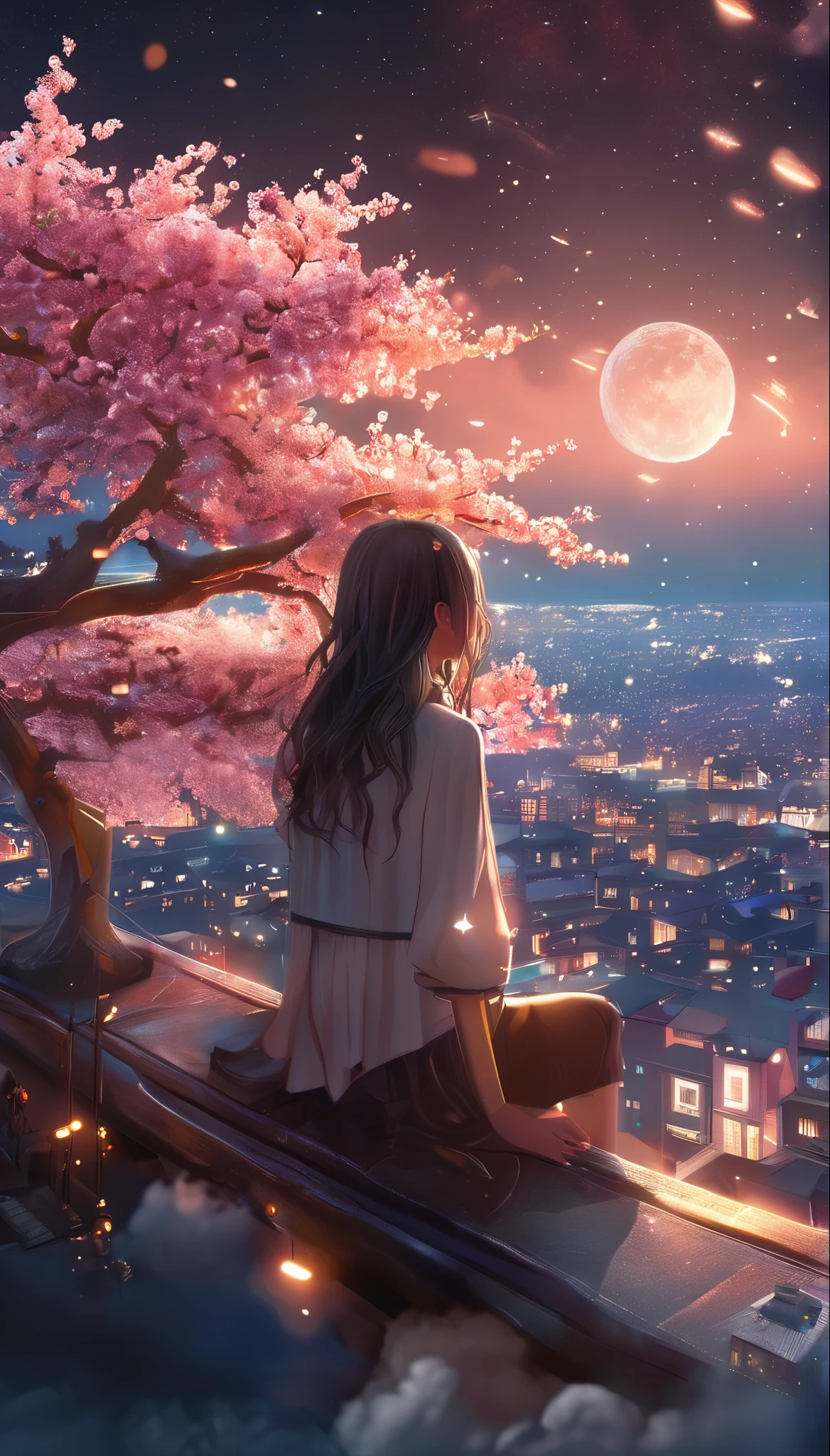 octane, Sky, Star (Sky), landscape, Starry sky, night, meteor, 1 Girl, Night Sky, Solitary, outdoor, architecture, cloud, Milky Way, sitting, Sakura Tree, Wind, cherry blossoms flying, Long hair, City, Cityscape, best quality, 8k