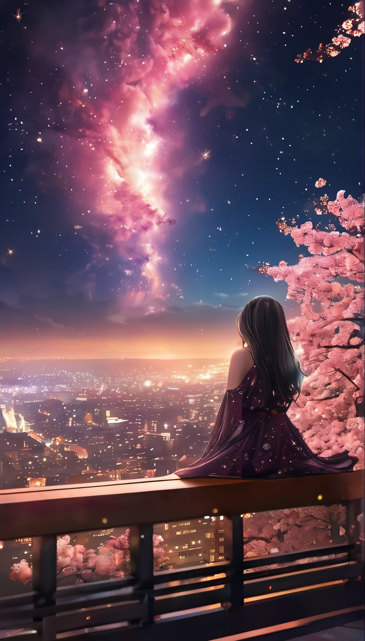 octane, Sky, Star (Sky), landscape, Starry sky, night, meteor, 1 Girl, Night Sky, Solitary, outdoor, architecture, cloud, Milky Way, sitting, Sakura Tree, Wind, cherry blossoms flying, Long hair, City, Cityscape, best quality, 8k