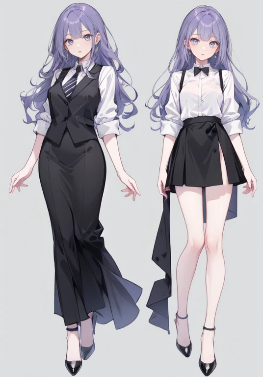 ((Perfect Face)),Purple Hair,voluminous long hair,Adult female,bartender,suit,Black vest,((Shirt with rolled up sleeves)),tie,skirt,slit,High heels,,((Simple Background)),smile,((Full Body)),((full body)),Character portrait,upright,,Both arms are lowered,