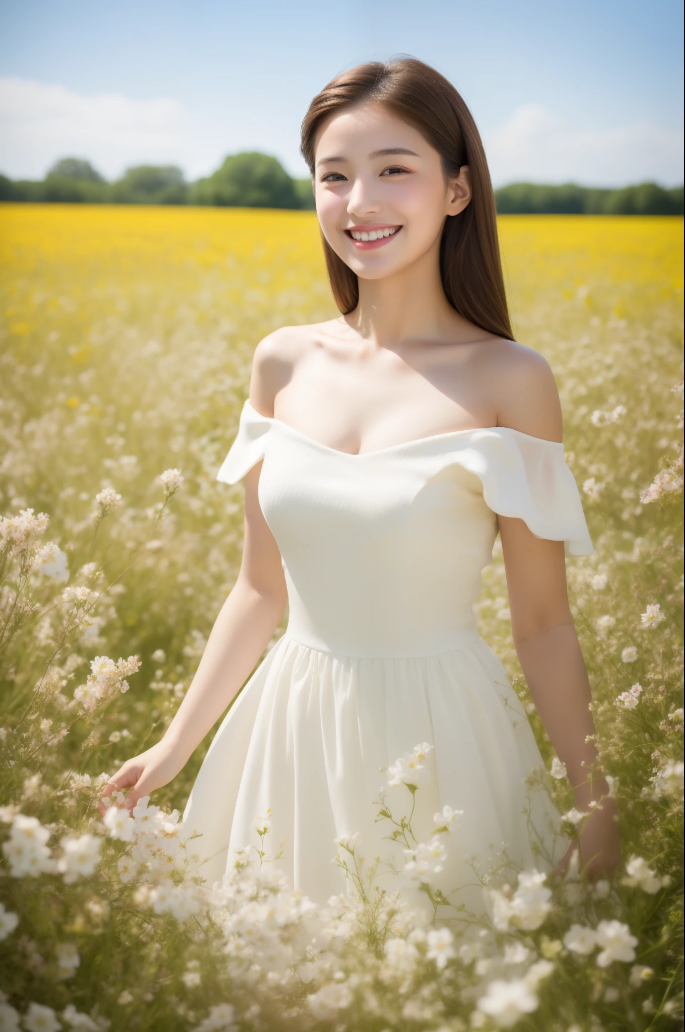 Best quality, masterpiece, ultra high res, (photorealistic:1.4), raw photo, 1girl, white dress, off shoulder, blossom flower field, glowing skin, light smile