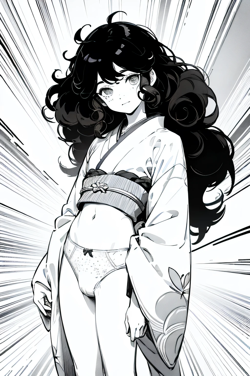 ((highest quality)), ((masterpiece)), (be familiar with), Perfect Face、Line art、Anime Style、Show the whole body、draft、Monochrome、Long Hair、Black Hair、cool、Calm、Very droopy eyes、upright、freckles、peek、Extremely curly hair、Curly hair、long hair、Expressionless、Resting her chin in her hand、Place the back of your hand under your chin、Adult female、genital、Underwear visible、kimono、Lift the hem、smile、The lower abdomen is visible