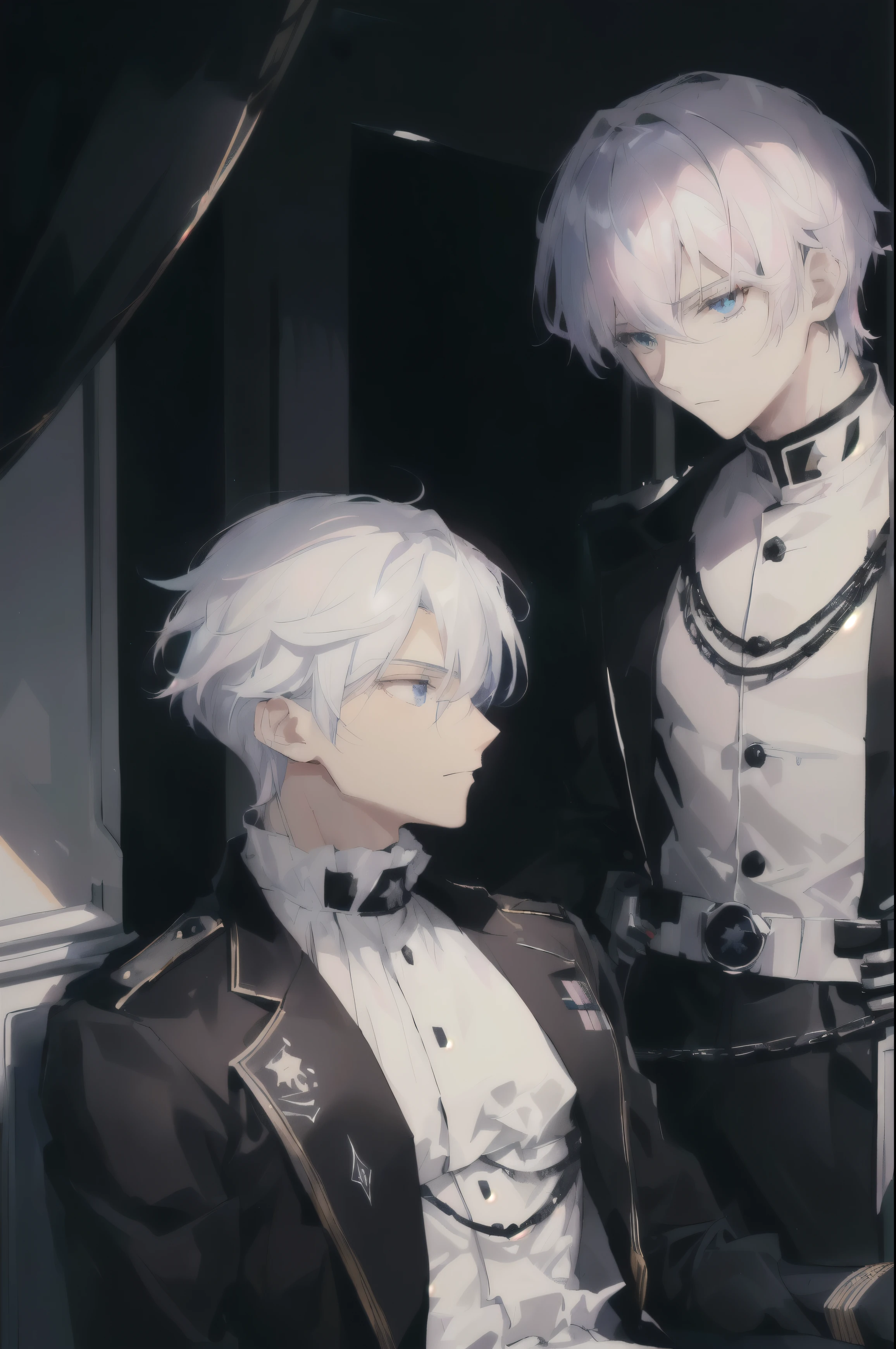 Two anime characters in full black black military uniform. A man who sits, he has blue eyes, tied long hair color platinum white, he is emperor. Another man who standing, he has short hair color light pink, wearing a black military uniform stand next to him, he is prince. The background is blue.