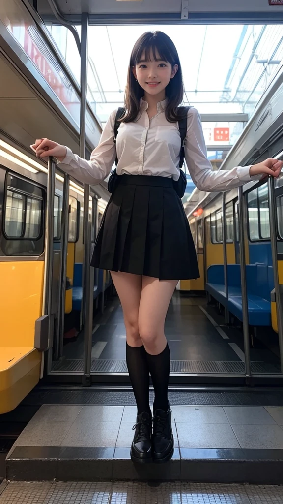 ((multiple girls)), from below, black hair, light smile, daypack, bangs, , pov, skirt lift, long sleeves, standing, black eyes, mole, masterpiece, best quality, ultra quality, high quality, realistic, photo realistic, RAW photo, hyper detailed, intricate detailed, train station, train,(fullbody:1.5),