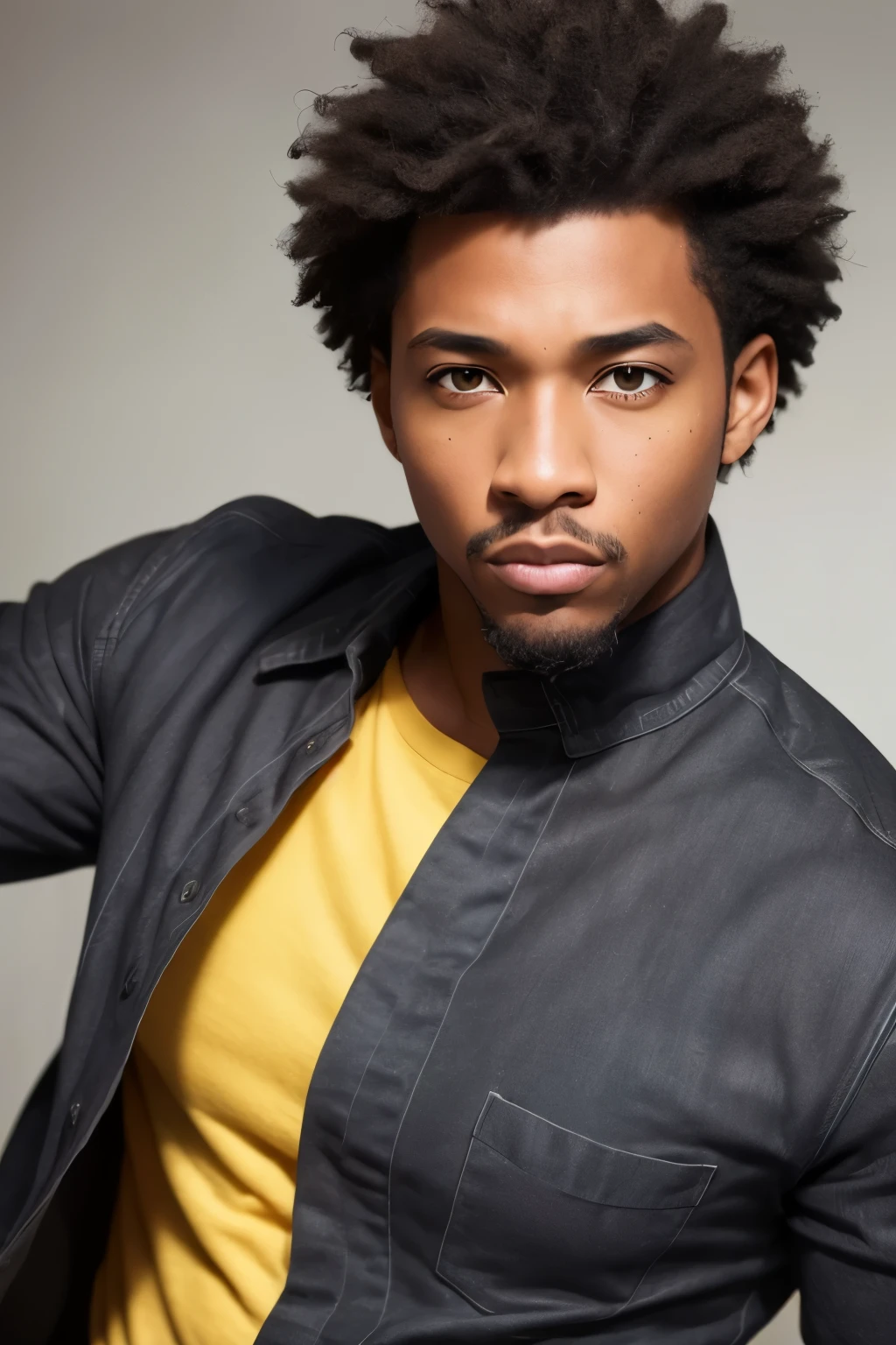 ((realistic: 1.5)),((best quality)),((detailed)), black man, young adult, bright yellow eyes, short curly eyes, serious look.
